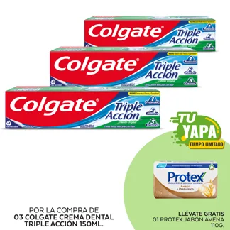 Colgate Crema Dental Triple Acción. Tubo 150ml. (03 unidades) - GRATIS: 01 Protex Jabón Avena 110g.