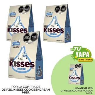 Kisses CookiesNCream. Barra 74gr. (03 unidades) - GRATIS: 01 Kisses CookiesNCream. Barra 74gr.