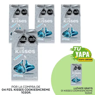Kisses CookiesNCream. Barra 102gr. (04 unidades) - GRATIS: 01 Kisses CookiesNCream. Barra 102gr.