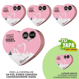 Kisses Corazón CookiesNCream. Barra 102gr. (04 unidades) - GRATIS: 01 Kisses Corazón CookiesNCream. Barra 102gr.