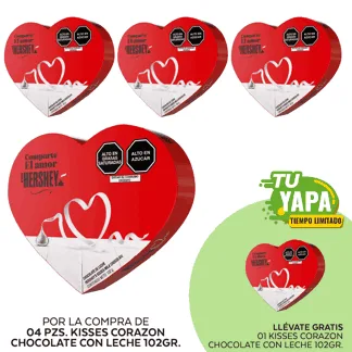 Kisses Corazón Chocolate con Leche. Barra 102gr. (04 unidades) - GRATIS: 01 Kisses Corazón Chocolate con Leche. Barra 102gr.