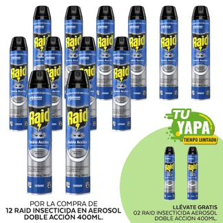 Raid Insecticida en Aerosol Doble Acción 400ml. (12 unidades) - GRATIS: 02 Raid Insecticida en Aerosol Doble Acción 400ml.