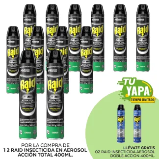 Raid Insecticida en Aerosol Acción Total 400ml. (12 unidades) - GRATIS: 02 Raid Insecticida en Aerosol Doble Acción 400ml.