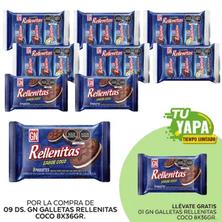 GN Galleta Rellenitas Coco. Display (8 x 36gr). (09 Display) - GRATIS: 01 GN Galleta Rellenitas Coco Display.