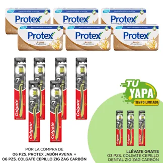 Protex Jabón Avena. Barra 110gr. (06 unidades) + Colgate Cepillo Zig Zag Carbón. (06 unidades) - GRATIS: 03 Colgate Cepillo Zig Za