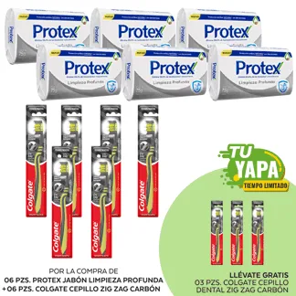 Protex Jabón Limpieza Profunda. Barra 110gr. (06 unidades) + Colgate Cepillo Zig Zag Carbón. (06 unidades) - GRATIS: 03 Colgate Ce