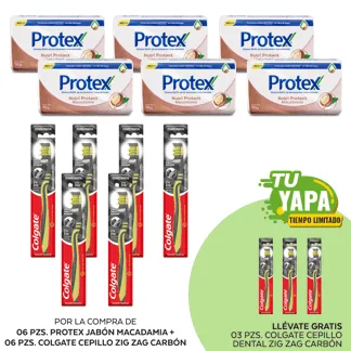 Protex Jabón Macadamia (Pro Hidrata). Barra 110gr. (06 unidades) + Colgate Cepillo Zig Zag Carbón. (06 unidades) - GRATIS: 03 Colg