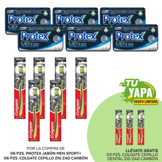 Protex Jabón Men Sport. Barra 110gr. (06 unidades) + Colgate Cepillo Zig Zag Carbón. (06 unidades) - GRATIS: 03 Colgate Cepillo Zi