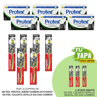 Protex Jabón Carbón Activado. Barra 110gr. (06 unidades) + Colgate Cepillo Zig Zag Carbón. (06 unidades) - GRATIS: 03 Colgate Cepi