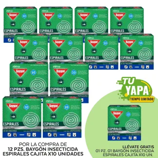 Baygón Insecticida Espirales. Cajita x10 unidades. (12 unidades) - GRATIS: 01 Baygón Insecticida Espirales. Cajita x10 unidades.