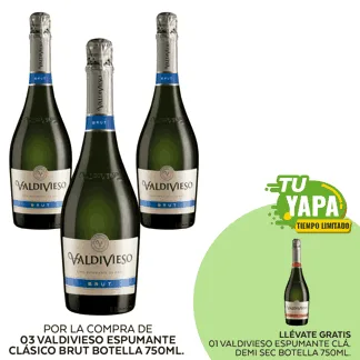 Valdivieso Espumante Clásico Brut Botella 750ml. (03 unidades) - GRATIS: 01 Valdivieso Espumante Clásico Demi Sec Botella 750ml.