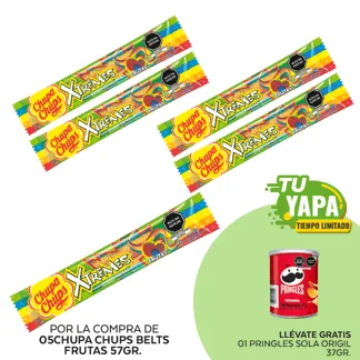 Chupa Chups Belts Frutas 57gr. (Cinturón) (05 unidades) - GRATIS: 01 Pringles Sola Original 37g.