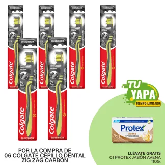 Colgate Cepillo Dental Zig Zag Carbón. (06 unidades) - GRATIS: 01 Protex Jabón Avena 110g.