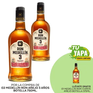 Medellin Ron 3 Años Añejo. Botella 750ml. (02 unidades) - GRATIS: 01 Medellin Ron 3 Años Añejo. Botella 375ml.