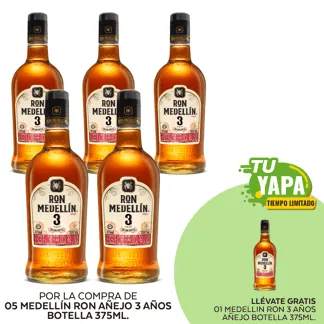 Medellin Ron 3 Años Añejo. Botella 375ml. (05 unidades) - GRATIS: 01 Medellin Ron 3 Años Añejo. Botella 375ml.