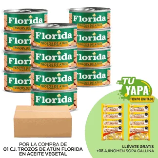 Florida Trozos de Atún Aceite Vegetal. Lata 140g. (01 caja) - GRATIS: 08 Ajinomen Sopa Gallina 80 g.