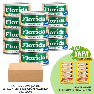 Florida Filete Agua Sal 110k. Lata 140g. (01 caja) - GRATIS: 08 Ajinomen Sopa Gallina 80 g.