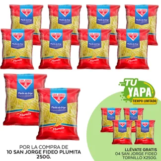 San Jorge Fideo Plumita x 250g. (10 unidades) - GRATIS: 04 San Jorge Fideo Tornillo x 250g.