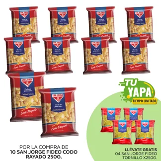 San Jorge Fideo Codo Rayado x 250g. (10 unidades) - GRATIS: 04 San Jorge Fideo Tornillo x 250g.