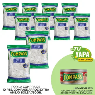 Compass Arroz Extra Añejo. Bolsa 750g. (10 unidades) - GRATIS: 01 Compass Trozos Atún Aceite Vegetal. Lata 140g.