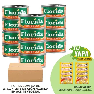 Florida Filete Atún Aceite Vegetal. Lata 140g. (01 caja) - GRATIS: 08 Ajinomen Sopa Gallina 80 g.