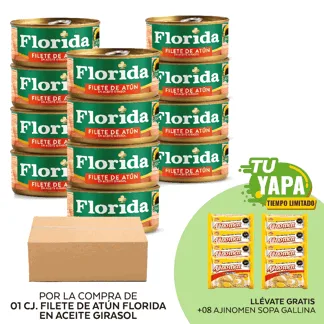 Florida Filete de Atún Aceite Girasol. Lata 140g. (01 caja) - GRATIS: 08 Ajinomen Sopa Gallina 80 g.