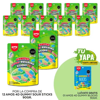 Amos 4D Gummy Sour Sticks 90gr. (12 unidades) - GRATIS: 01 Amos 4D Gummy Blocks 90gr.