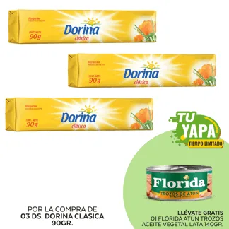 Dorina Clasica 90gr. (03 displays) - GRATIS: 01 Florida Atún Trozos Aceite Vegetal. Lata 140gr.