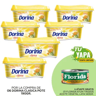 Dorina Clasica Pote 190gr. (06 unidades) - GRATIS: 01 Florida Atún Trozos Aceite Vegetal. Lata 140gr.