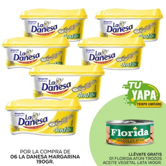 La Danesa Margarina 190gr. (06 unidades) - GRATIS: 01 Florida Atún Trozos Aceite Vegetal. Lata 140gr.