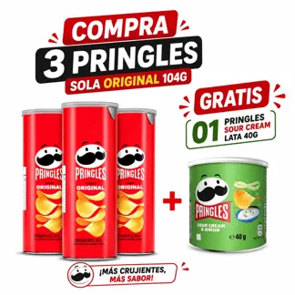 Pringles Sola Original. Lata 104g.(03 unidades) - GRATIS: 01 Pringles Sour Cream. Lata 40g.