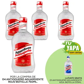 Antioqueño Aguardiente Rojo. Botella 750ml. (04 unidades) - GRATIS: 01 Antioqueño Aguardiente Azul. Botella 375ml.