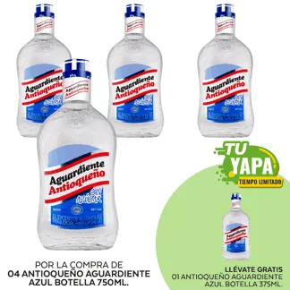 Antioqueño Aguardiente Azul. Botella 750ml. (04 unidades) - GRATIS: 01 Antioqueño Aguardiente Azul. Botella 375ml.