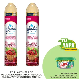 Glade Ambientador en Aerosol Alegría Floral Frutos Rojos 400ml. (02 unidades) - GRATIS: 01 Lavax Lavavajilla Crema Verde. Pote 300