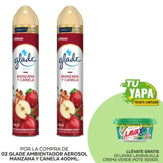 Glade Ambientador en Aerosol Manzana y Canela 400ml. (02 unidades) - GRATIS: 01 Lavax Lavavajilla Crema Verde. Pote 300gr.