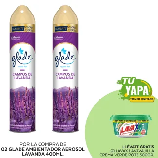 Glade Ambientador en Aerosol Lavanda 400ml. (02 unidades) - GRATIS: 01 Lavax Lavavajilla Crema Verde. Pote 300gr.