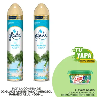  Glade Ambientador en Aerosol Paraíso Azul 400ml. (02 unidades) - GRATIS: 01 Lavax Lavavajilla Crema Verde. Pote 300gr.