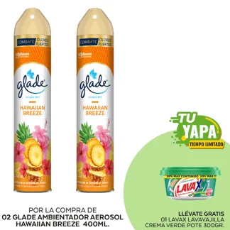 Glade Ambientador en Aerosol Hawaiian Breeze 400ml. (02 unidades) - GRATIS: 01 Lavax Lavavajilla Crema Verde. Pote 300gr.