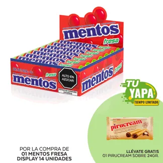 Mentos Fresa. Display 14 unidades. (01 display) - GRATIS: 01 Pirucream Sobre 24gr.