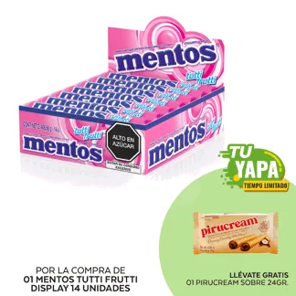Mentos Tutti Frutti. Display 14 unidades. (01 display) - GRATIS: 01 Pirucream Sobre 24gr.