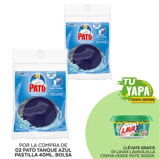 Pato Tanque Azul Pastilla 40ml. Bolsa. (02 unidades) - GRATIS: 01 Lavax Lavavajilla Crema Verde. Pote 300gr.