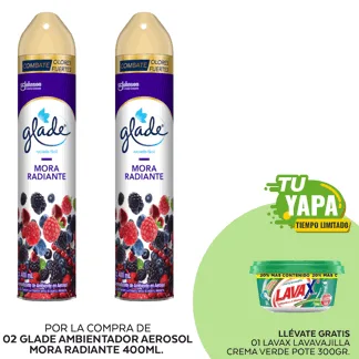 Glade Ambientador en Aerosol Mora Radiante 400ml. (02 unidades) - GRATIS: 01 Lavax Lavavajilla Crema Verde. Pote 300gr.