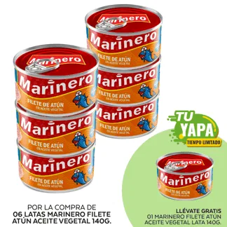 Marinero Filete Atún Aceite Vegetal. Lata 140g. (06 unidades) - GRATIS: 01 Marinero Filete Atún Aceite Vegetal. Lata 140g.