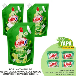 Lava Lavavajilla Líquido Limón con Té Verde. Doypack 1500ml. (03 unidades) - GRATIS: 04 Lavax Lavavajilla Crema Verde. Pote 175gr.