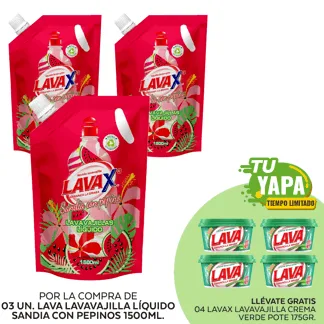 Lava Lavavajilla Líquido Sandia con Pepino. Doypack 1500ml. (03 unidades) - GRATIS: 04 Lavax Lavavajilla Crema Verde. Pote 175gr.