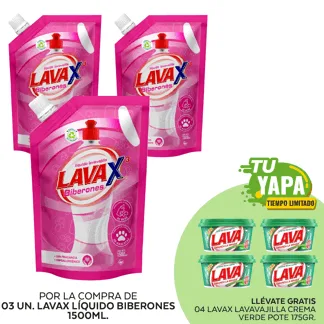 Lava Lavavajilla Líquido Biberones. Doypack 1500ml. (03 unidades) - GRATIS: 04 Lavax Lavavajilla Crema Verde. Pote 175gr.