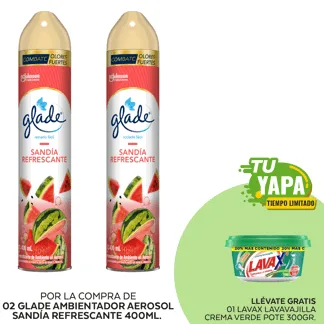 Glade Ambientador en Aerosol Sandia 400ml. (02 unidades) - GRATIS: 01 Lavax Lavavajilla Crema Verde. Pote 300gr.