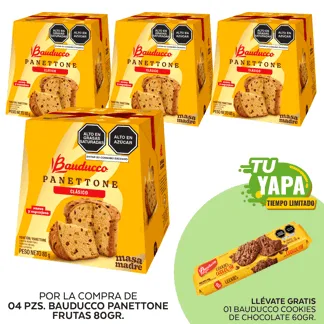 Bauducco Panettone Frutas 80gr. (04 unidades) - GRATIS: 01 Bauducco Cookies de Chocolate 60gr.