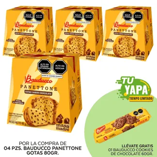 Bauducco Panettone Gotas 80gr. (04 unidades) - GRATIS: 01 Bauducco Cookies de Chocolate 60gr.
