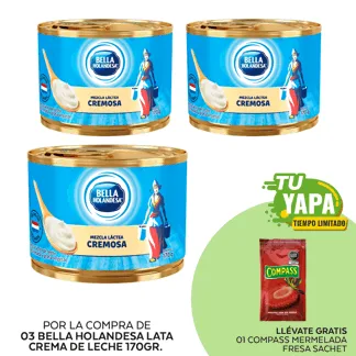 Bella Holandesa Lata Crema de Leche 170gr. (03 unidades) - GRATIS: 01 Compass Mermelada Fresa Sachet.